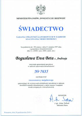 Świadectwo nadania uprawnień zawodowych w zakresie szacowania nieruchomości.